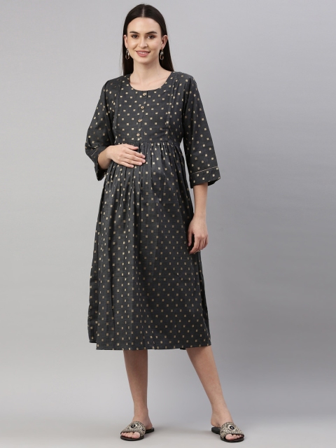 

GOLDSTROMS Charcoal Ethnic Motifs Maternity A-Line Midi Dress