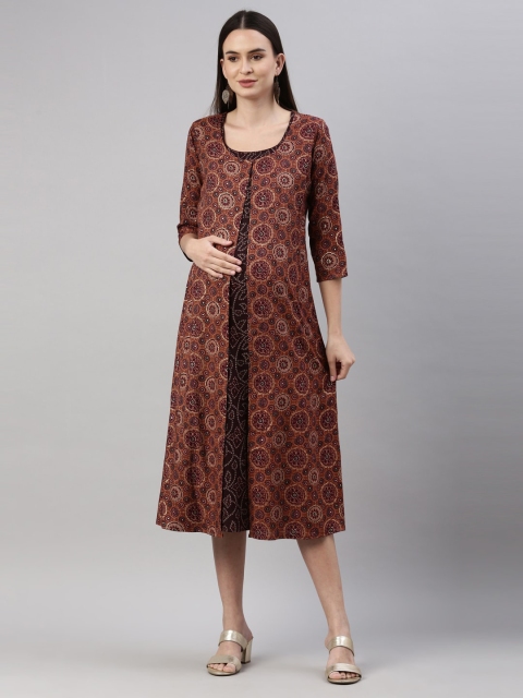 

GOLDSTROMS Brown Ethnic Motifs Maternity A-Line Midi Dress