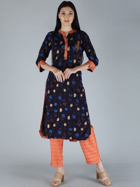 

KALINI Women Navy Blue Printed Zardozi Kurta with Trousers