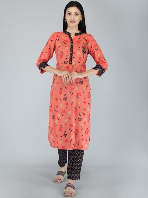 

KALINI Women Peach-Coloured Ethnic Motifs Printed Zardozi Kurta with Trousers