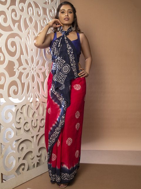 

Unnati Silks Pink & Navy Blue Batik Pure Cotton Kota Saree