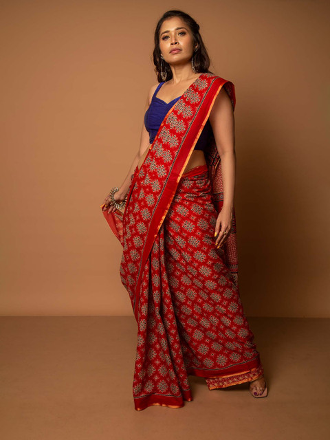

Unnati Silks Red & Cream-Coloured Pure Cotton Block Print Saree