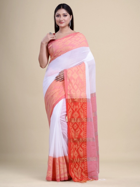 

Laa Calcutta White & Red Woven Design Zari Silk Cotton Jamdani Saree