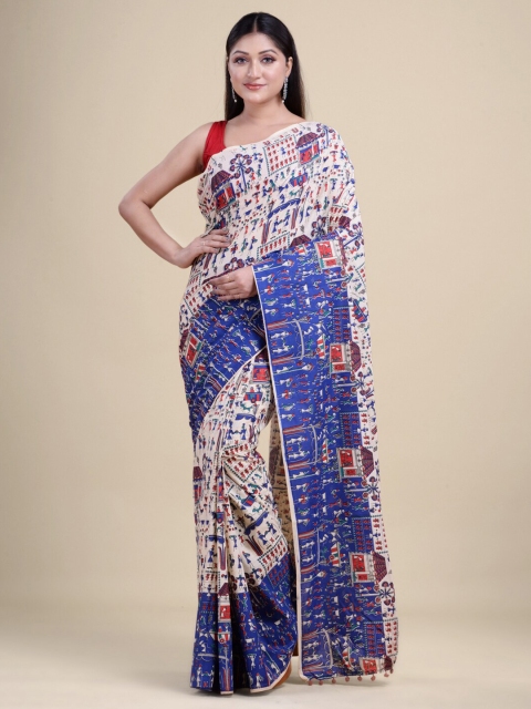 

Laa Calcutta Off White & Navy Blue Ethnic Motifs Silk Cotton Jamdani Saree