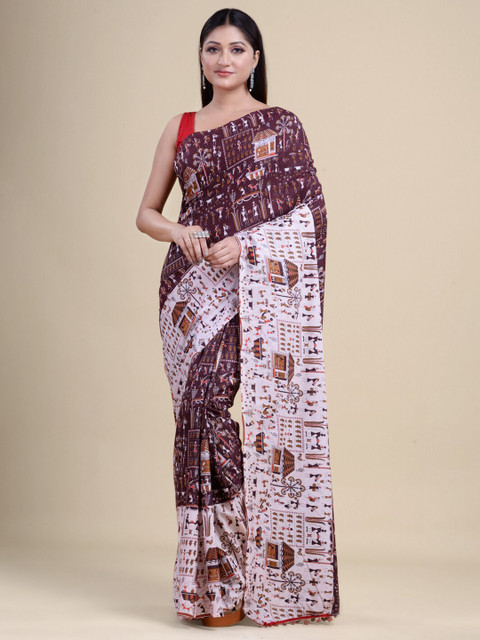 

Laa Calcutta Brown & White Ethnic Motifs Silk Cotton Jamdani Saree