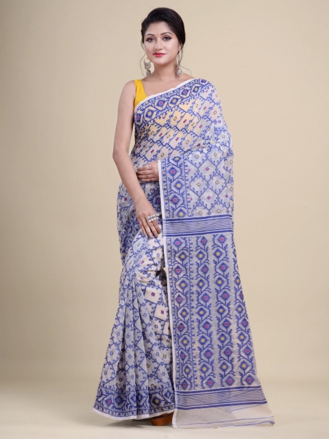 

Laa Calcutta White & Blue Woven Design Zari Silk Cotton Jamdani Saree