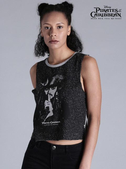 

Pirates of the Caribbean Women Black Printed Round Neck T-shirt