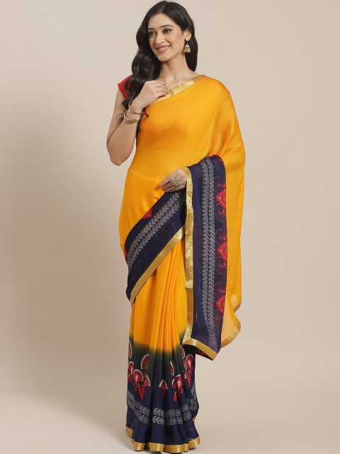 

KALINI Yellow & Navy Blue Ethnic Motifs Saree