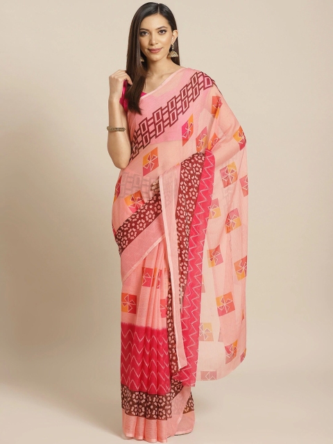 

KALINI Pink & Brown Geometric Printed Poly Georgette Saree