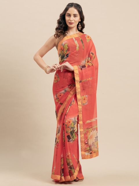 

KALINI Peach-Coloured & Green Floral Printed Zari Saree