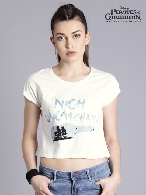 

Pirates of the Caribbean Women Off-White Printed Round Neck Crop T-shirt