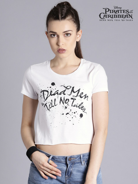 

Pirates of the Caribbean Women White Printed Round Neck Crop T-shirt