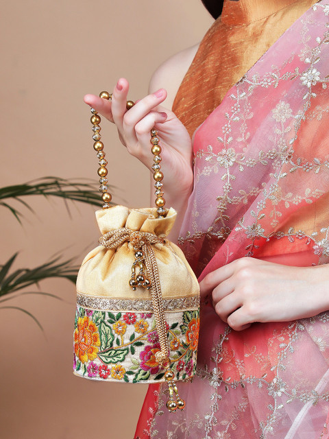 

Rubans Cream-Coloured & Orange Embroidered Potli Clutch