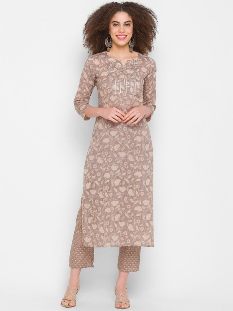 

TANKHI Women Grey Ethnic Motifs Printed Chanderi Cotton Kurta with Trousers