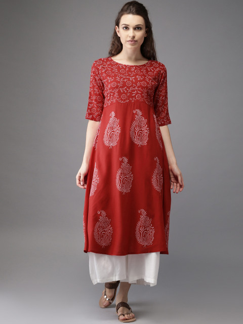 

Moda Rapido Women Red & White Block Printed A-Line Kurta