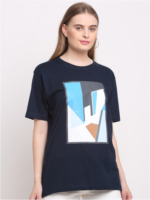 

Ennoble Women Navy Blue Printed Cotton T-shirt