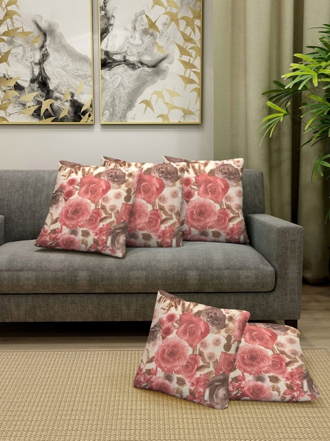 

KLOTTHE Cream-Coloured & Brown Set of 5 Floral Square Cushion Covers