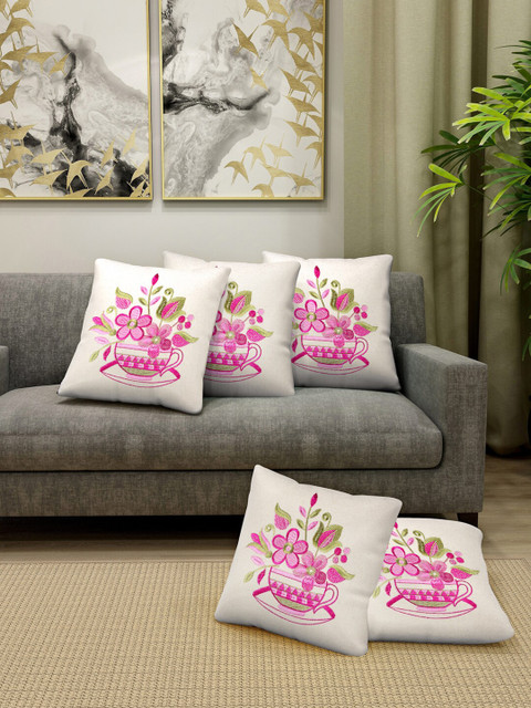 

KLOTTHE White & Green Set of 5 Embroidered Square Cushion Covers