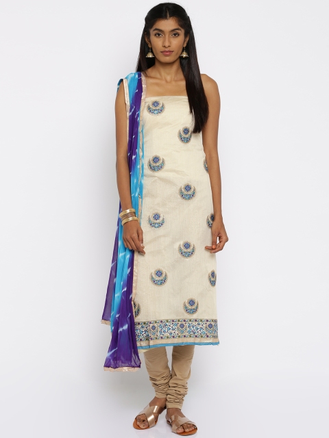 

Akhilam Mustard Beige & Blue Embroidered Unstitched Dress Material