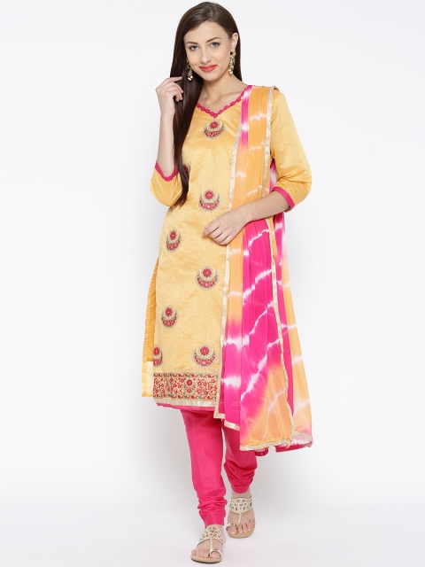 

Akhilam Orange & Beige Embroidered Semi-Stitched Dress Material