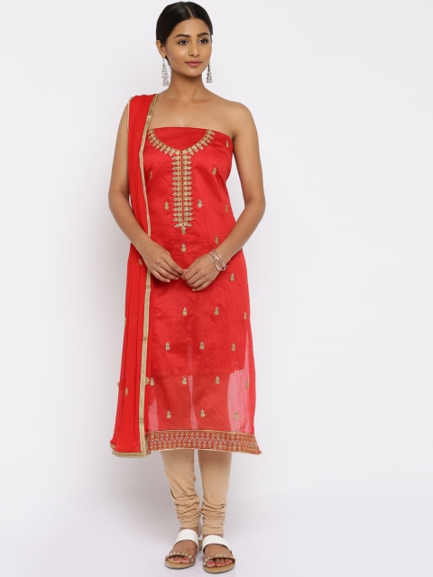 

Akhilam Red & Beige Embellished Unstitched Dress Material