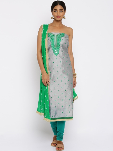 

Akhilam Grey & Green Embroidered Semi-Stitched Dress Material