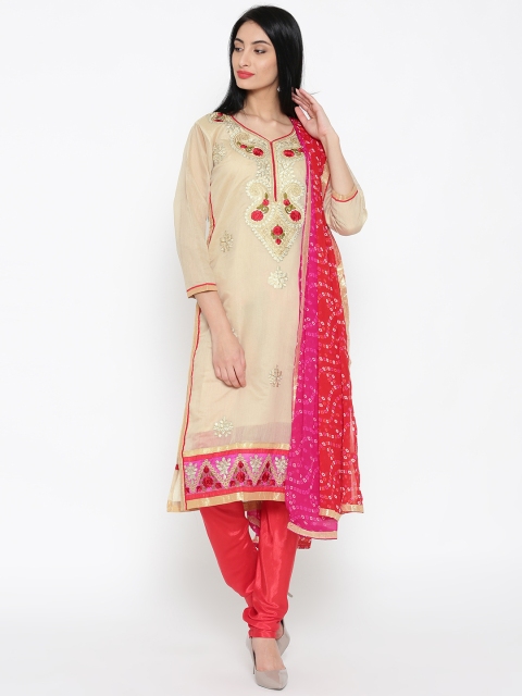 

Akhilam Beige & Red Chanderi Cotton Embroidered Unstitched Dress Material