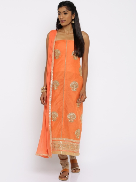 

Akhilam Coral Orange Embroidered Semi-Stitched Dress Material