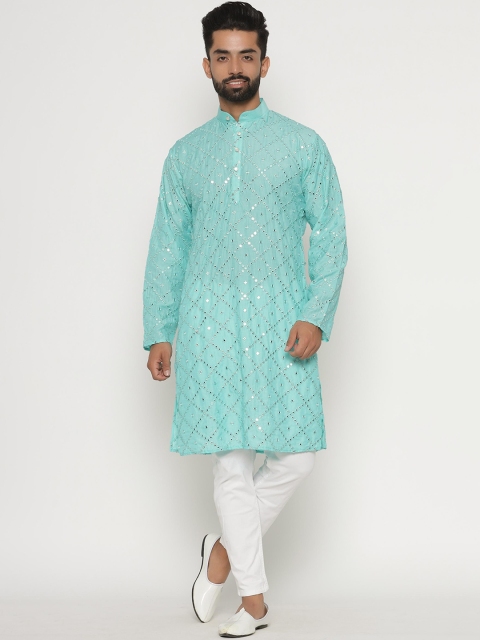 

Firangi Yarn Men Turquoise Blue Geometric Thread Work Quirky Kurta