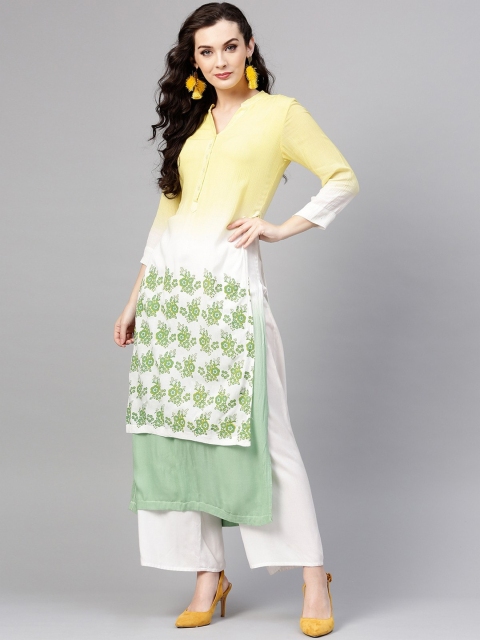 

Pannkh Women White & Yellow Ombre Double Layer Block Printed Kurta