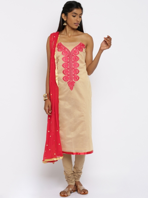 

Akhilam Beige & Red Embroidered Semi-Stitched Dress Material