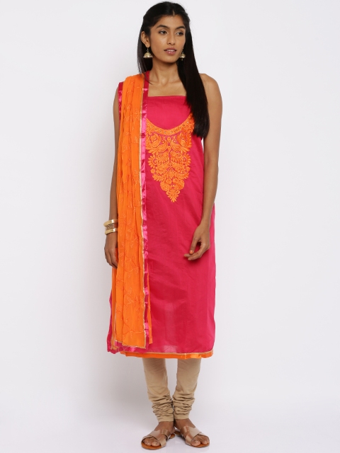 

Akhilam Pink & Orange Embroidered Semi-Stitched Dress Material