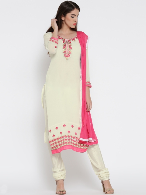 

Akhilam White & Pink Embroidered Semi-Stitched Dress Material