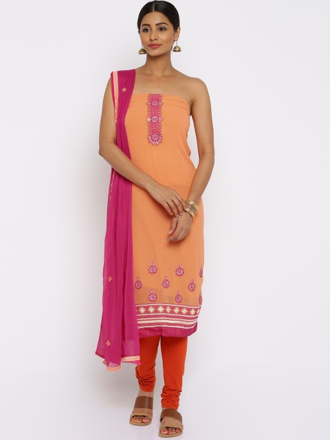 

Akhilam Orange & Pink Georgette Embroidered Unstitched Dress Material