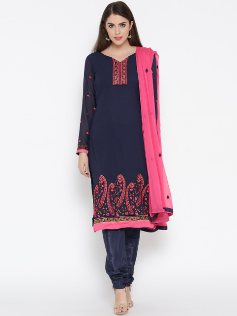 

Akhilam Navy & Pink Embroidered Semi-Stitched Dress Material, Navy blue