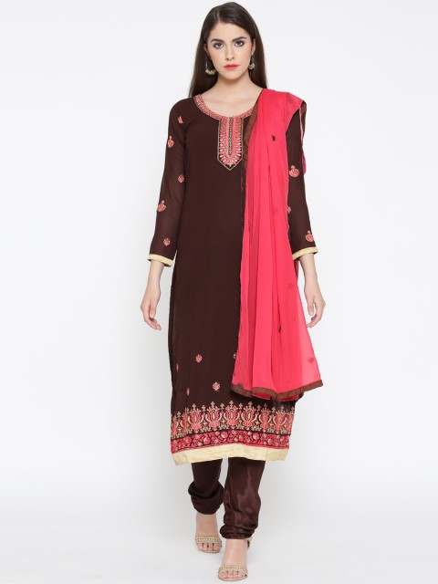 

Akhilam Brown & Pink Embroidered Semi-Stitched Dress Material