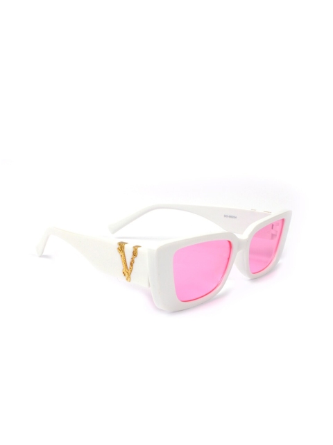 

FUZOKU Unisex Pink Lens & White Rectangle Sunglasses with UV Protected Lens