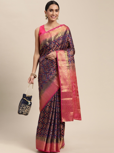 

PERFECTBLUE Navy Blue & Golden Ethnic Motifs Art Silk Kanjeevaram Saree