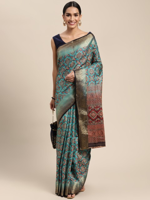 

PERFECTBLUE Sea Green & Golden Ethnic Motifs Art Silk Kanjeevaram Saree