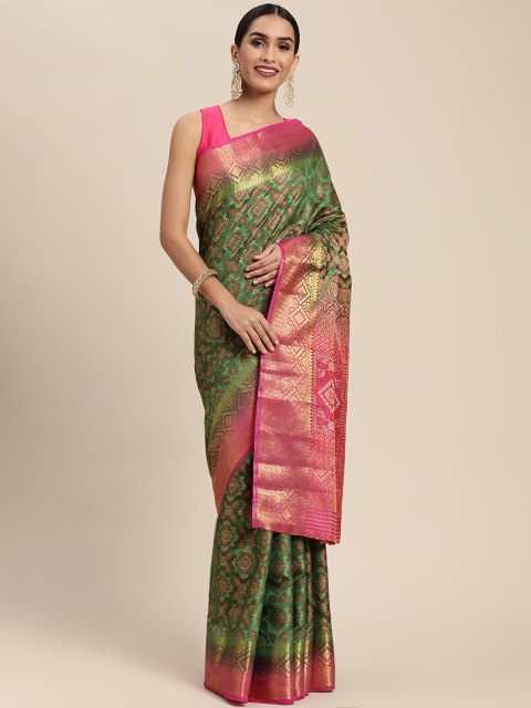 

PERFECTBLUE Green & Golden Ethnic Motifs Art Silk Kanjeevaram Saree