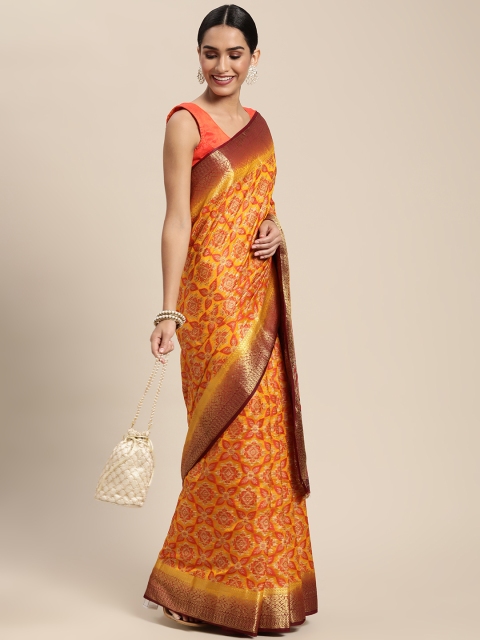 

PERFECTBLUE Mustard Yellow & Red Ethnic Motifs Art Silk Kanjeevaram Saree