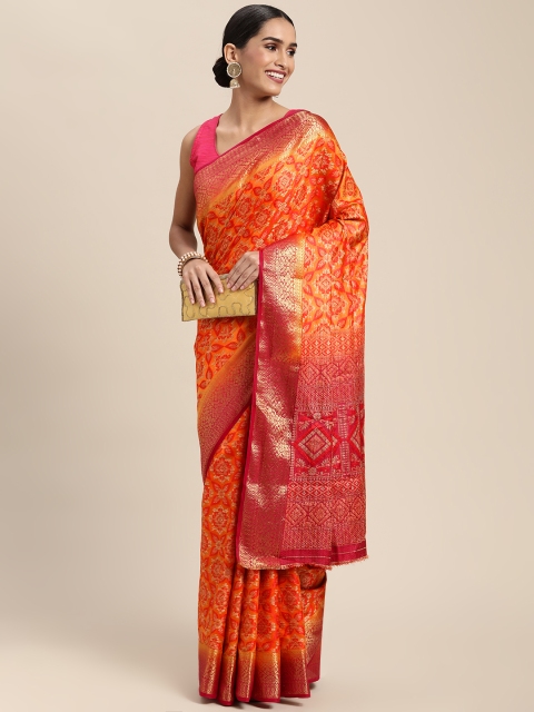 

PERFECTBLUE Orange & Maroon Ethnic Motifs Art Silk Kanjeevaram Saree