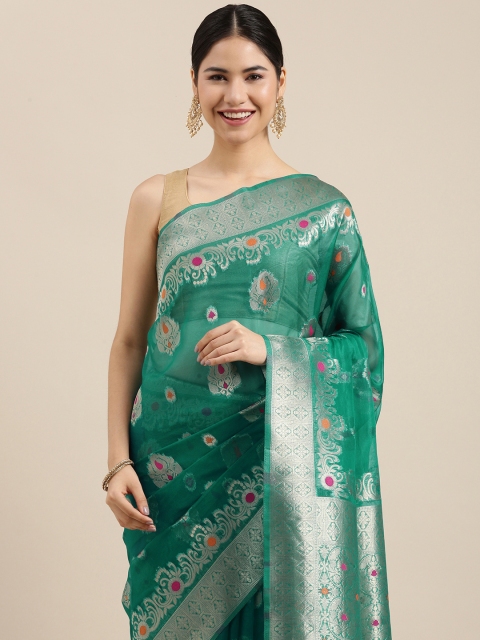 

PERFECTBLUE Teal Green & Orange Ethnic Motifs Woven Design Organza Saree