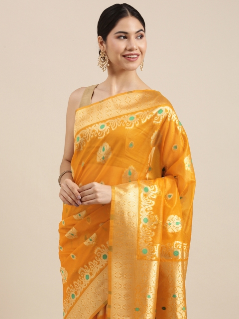

PERFECTBLUE Yellow & Green Ethnic Motifs Woven Design Organza Saree
