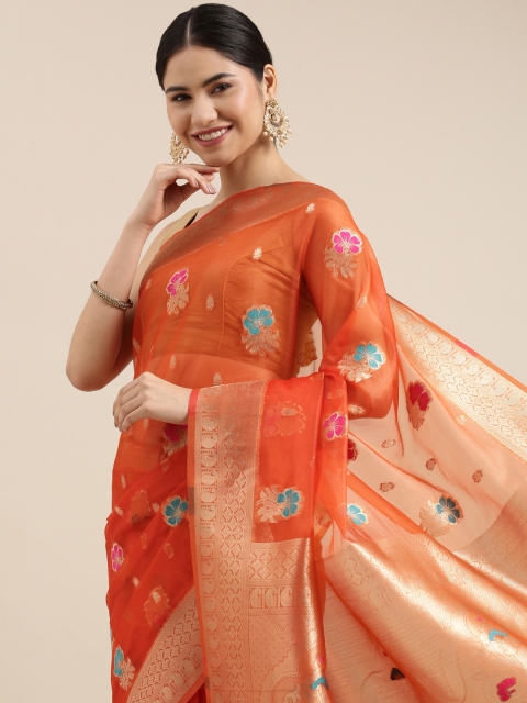 

PERFECTBLUE Orange & Blue Floral Woven Design Organza Saree