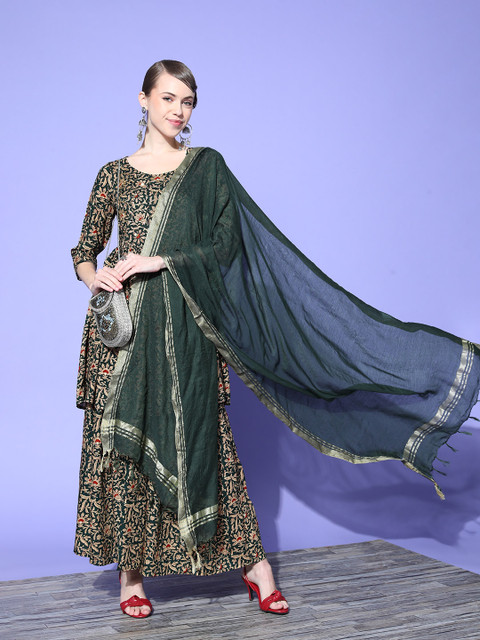 

ZOLA Women Ethnic Motifs Viscose Rayon Print Parade Kurta Set, Green