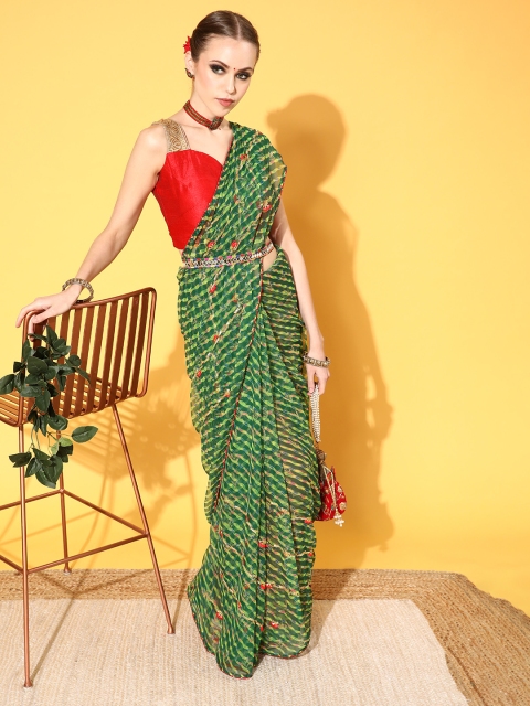 

Chhabra 555 Green & Red Striped Gotta Patti Leheriya Saree