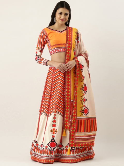 

LOOKNBOOK ART Peach-Coloured & Red Printed Semi-Stitched Lehenga & Unstitched Blouse With Dupatta