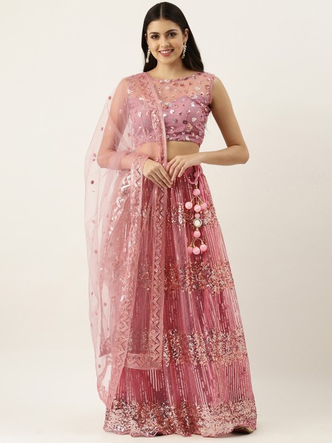 

LOOKNBOOK ART Pink Sequinned Semi-Stitched Lehenga & Unstitched Blouse With Dupatta