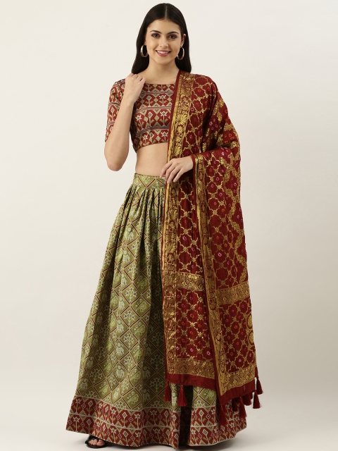 

LOOKNBOOK ART Green & Maroon Semi-Stitched Lehenga & Unstitched Blouse With Dupatta